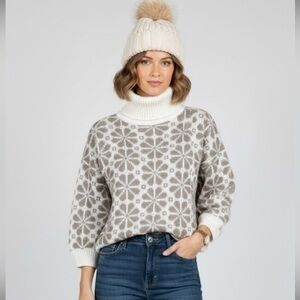 Neutral Coloured Taupe & White Floral Print Knit Turtleneck Made In The UK